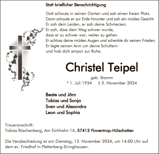 Todesanzeige von Christel Teipel von WAWA