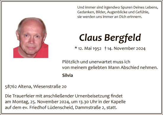 Todesanzeige von Claus Bergfeld von WA