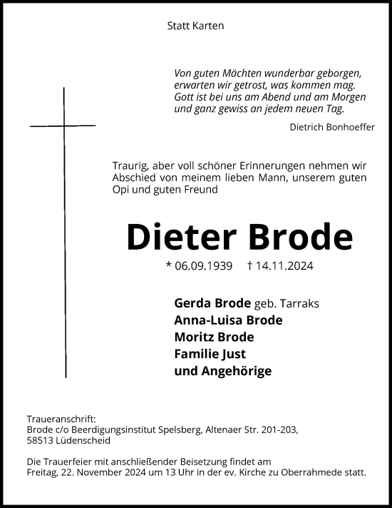 Todesanzeige von Dieter Brode von WA