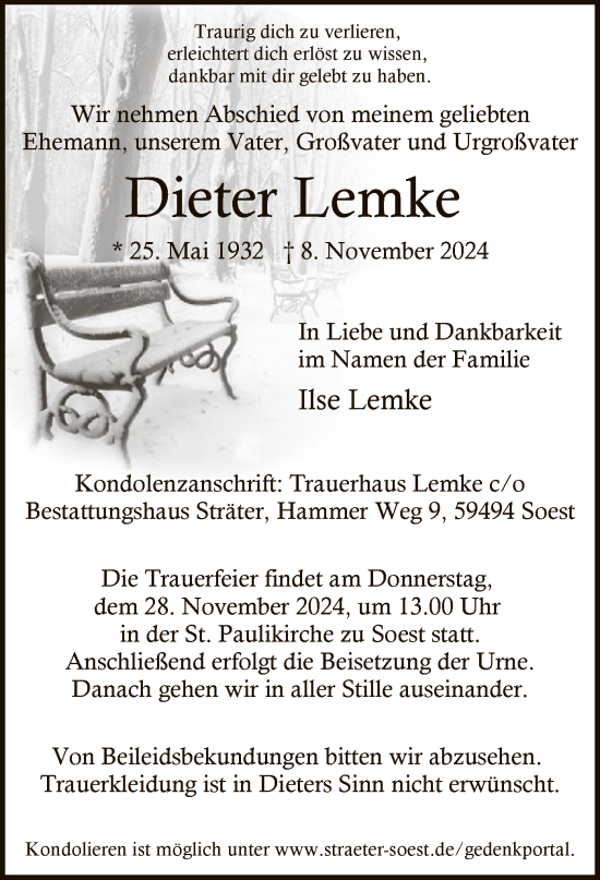 Todesanzeige von Dieter Lemke von WA