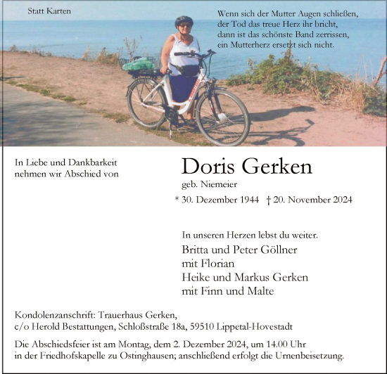 Todesanzeige von Doris Gerken von WA