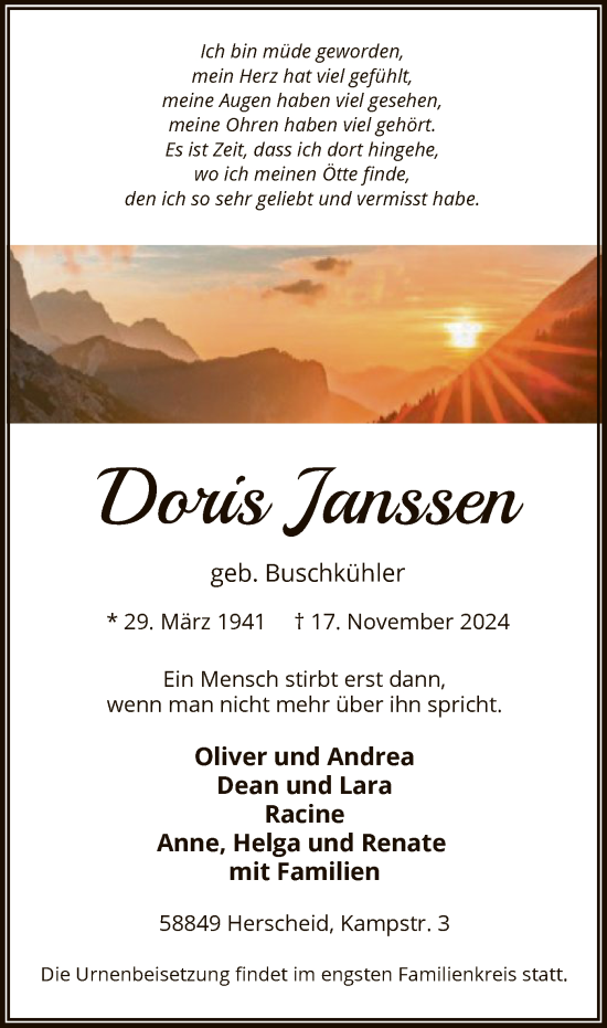 Todesanzeige von Doris Janssen von WA