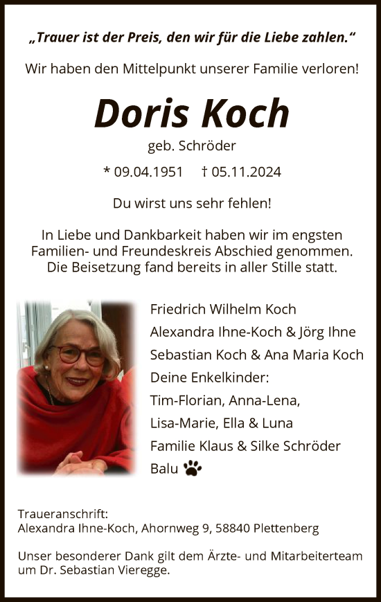 Todesanzeige von Doris Koch von WA