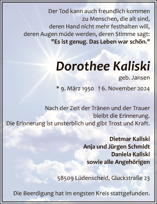 Todesanzeige von Dorothee Kaliski von WA