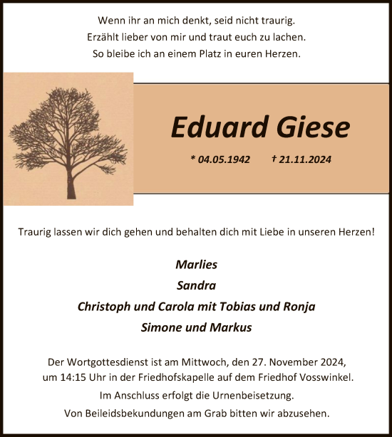 Todesanzeige von Eduard Giese von WA