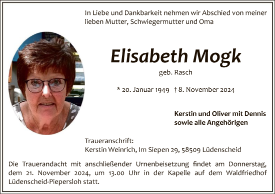 Todesanzeige von Elisabeth Mogk von WA