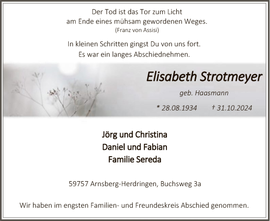 Todesanzeige von Elisabeth Strotmeyer von WA