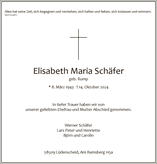 Todesanzeige von Elisabeth Maria Schäfer von WA