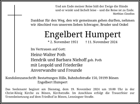 Todesanzeige von Engelbert Humpert von WA