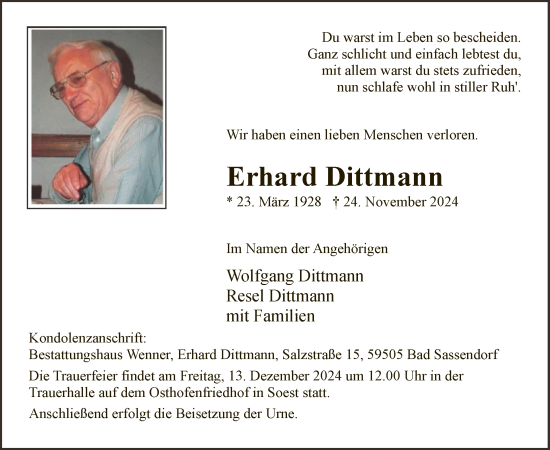 Todesanzeige von Erhard Dittmann von WA