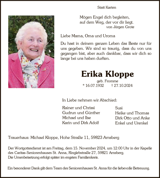 Todesanzeige von Erika Kloppe von WA