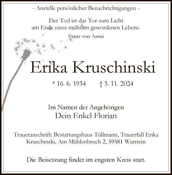 Todesanzeige von Erika Kruschinski von WA