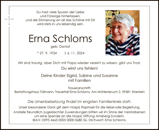 Todesanzeige von Erna Schloms von WA