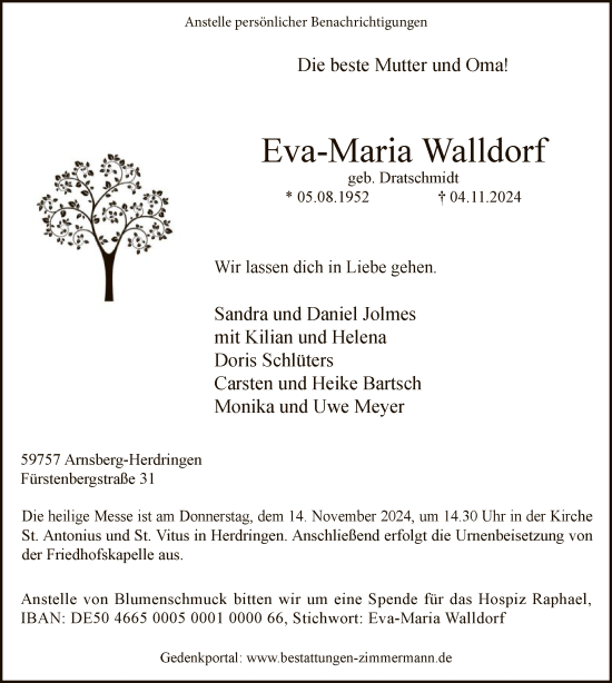 Todesanzeige von Eva-Maria Walldorf von WA