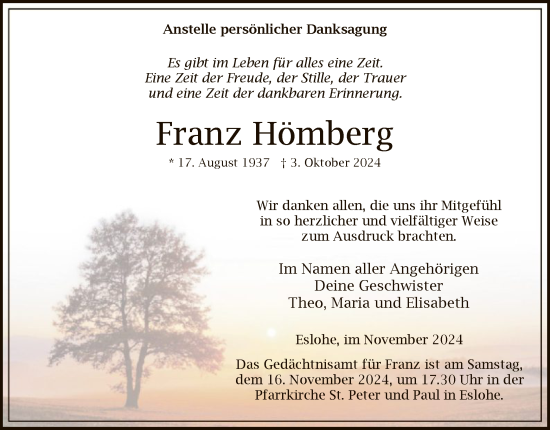 Todesanzeige von Franz Hömberg von WA