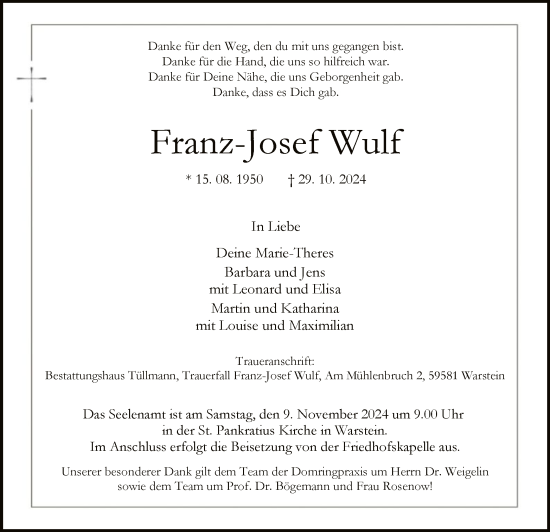 Todesanzeige von Franz-Josef Wulf von WA