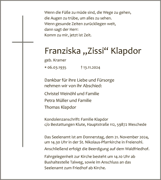 Todesanzeige von Franziska Klapdor von WA