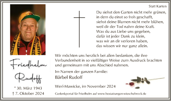 Todesanzeige von Friedhelm Rudoff von WA