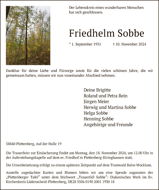 Todesanzeige von Friedhelm Sobbe von WA