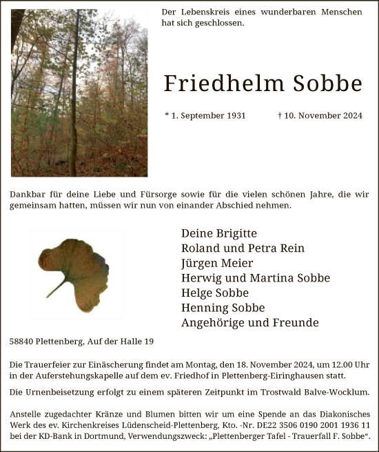 Todesanzeige von Friedhelm Sobbe von WA