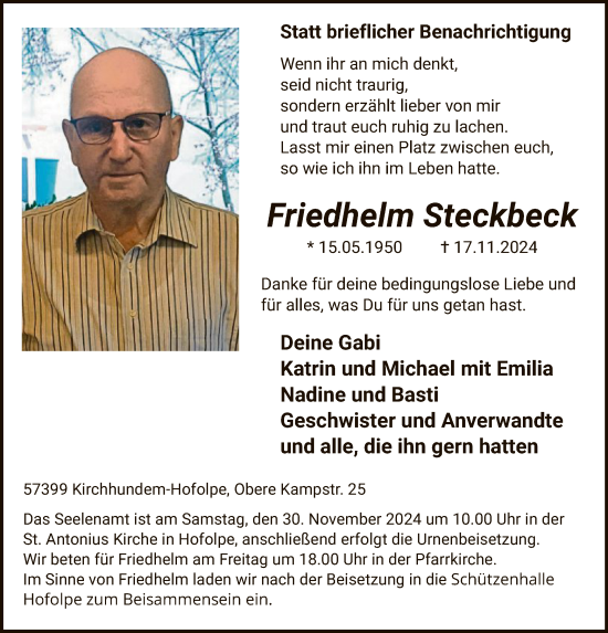 Todesanzeige von Friedhelm Steckbeck von WA