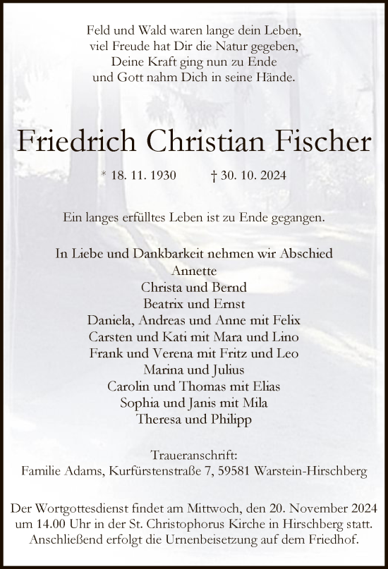 Todesanzeige von Friedrich Christian Fischer von WA