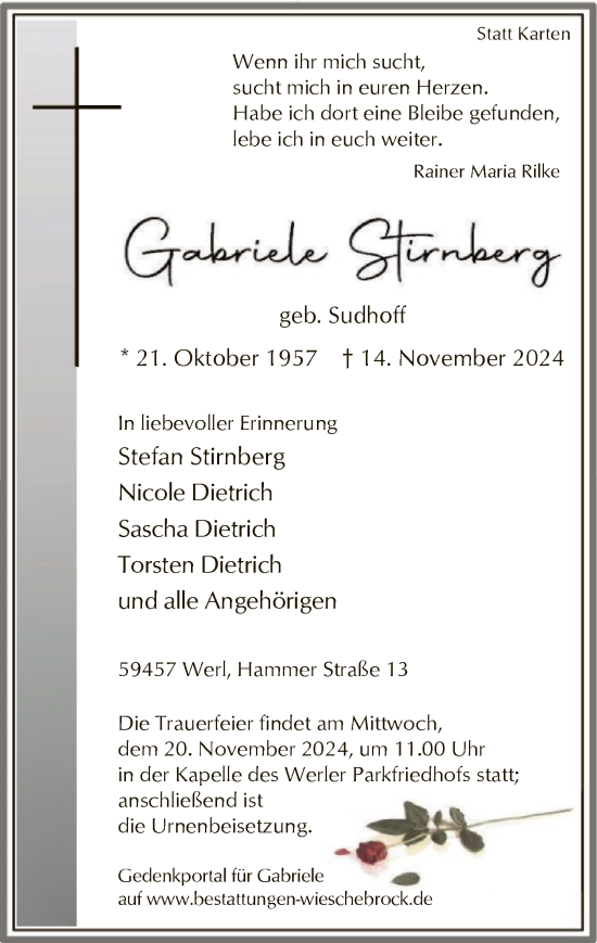 Todesanzeige von Gabriele Stirnberg von WA