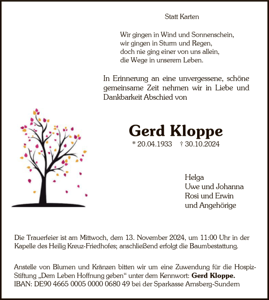 Todesanzeige von Gerd Kloppe von WA