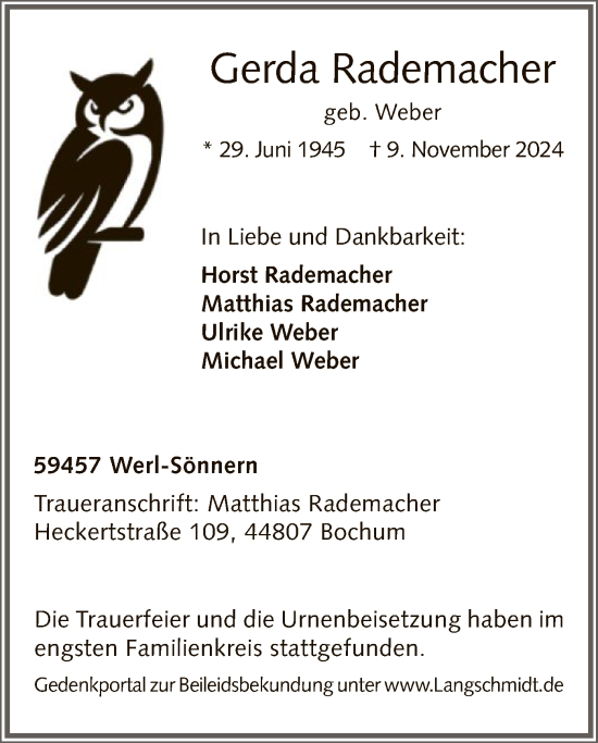 Todesanzeige von Gerda Rademacher von WA