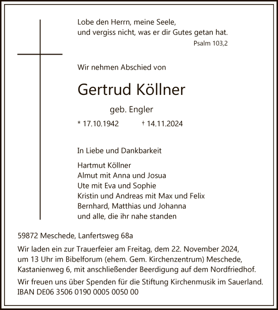 Todesanzeige von Gertrud Köllner von WA