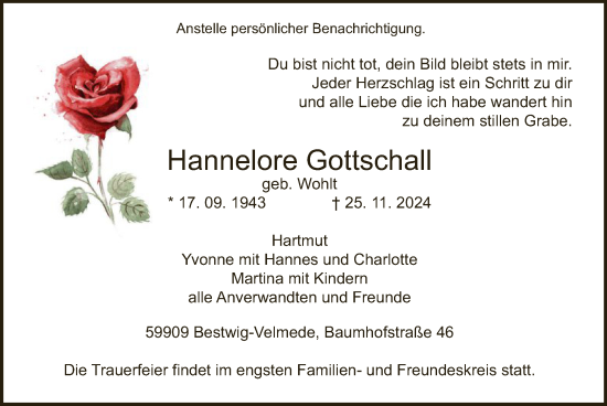 Todesanzeige von Hannelore Gottschall von WA