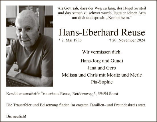 Todesanzeige von Hans-Eberhard Reuse von WA