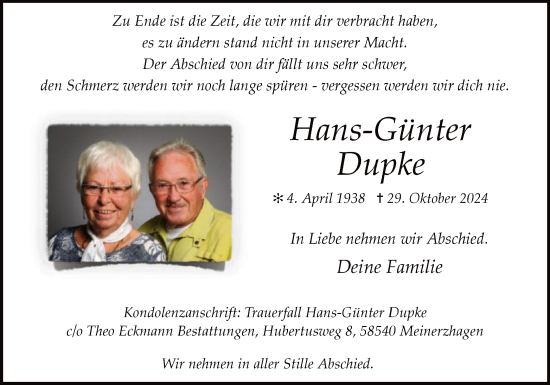 Todesanzeige von Hans-Günter Dupke von WA