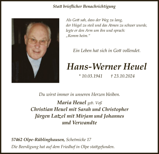 Todesanzeige von Hans-Werner Heuel von WA