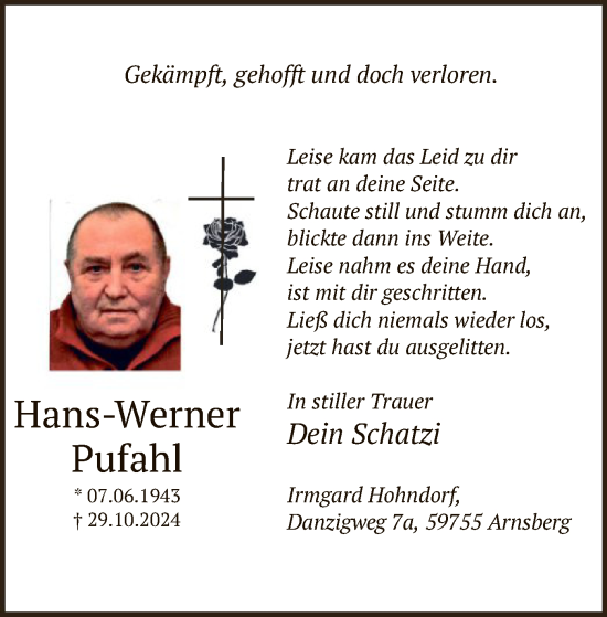 Todesanzeige von Hans-Werner Pufahl von WA