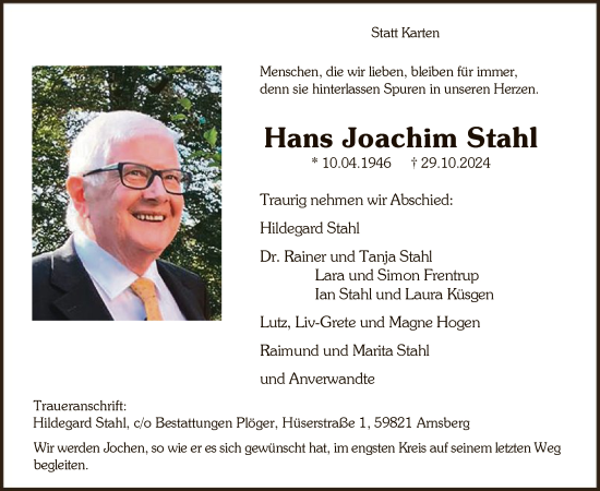 Todesanzeige von Hans Joachim Stahl von WA