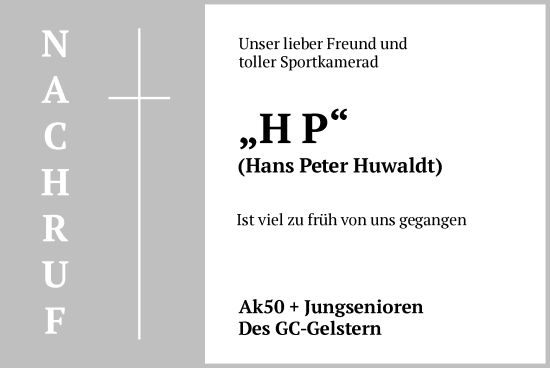 Todesanzeige von Hans Peter Huwaldt von WA