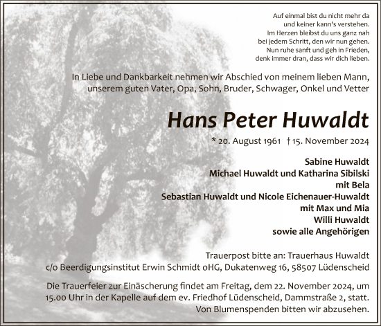 Todesanzeige von Hans Peter Huwaldt von WA