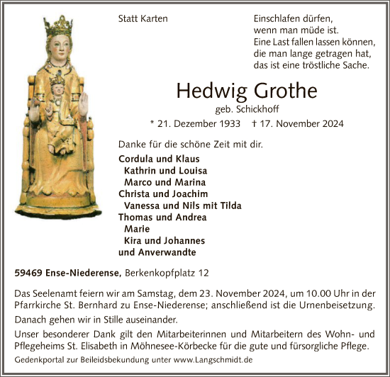 Todesanzeige von Hedwig Grothe von WA