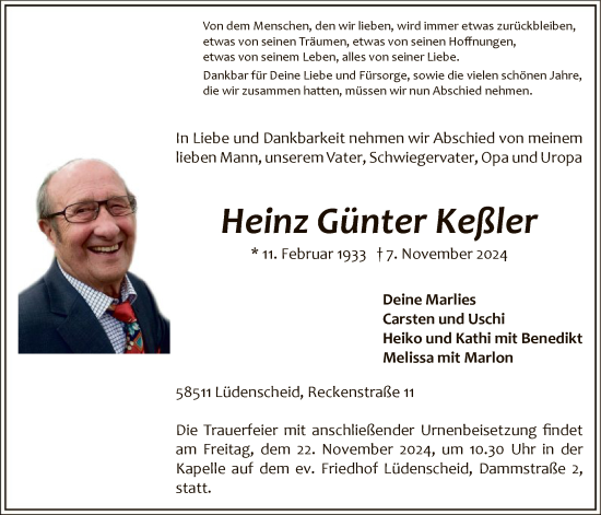 Todesanzeige von Heinz Günter Keßler von WA