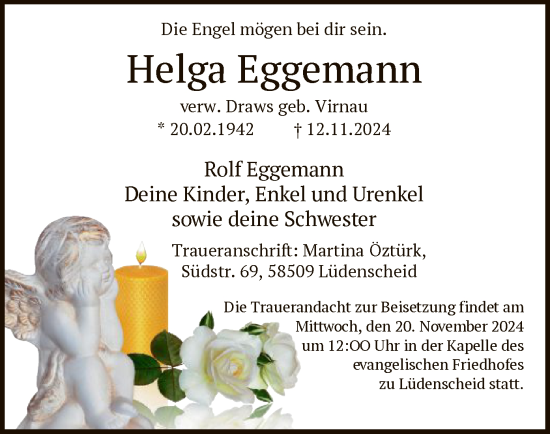 Todesanzeige von Helga Eggemann von WA