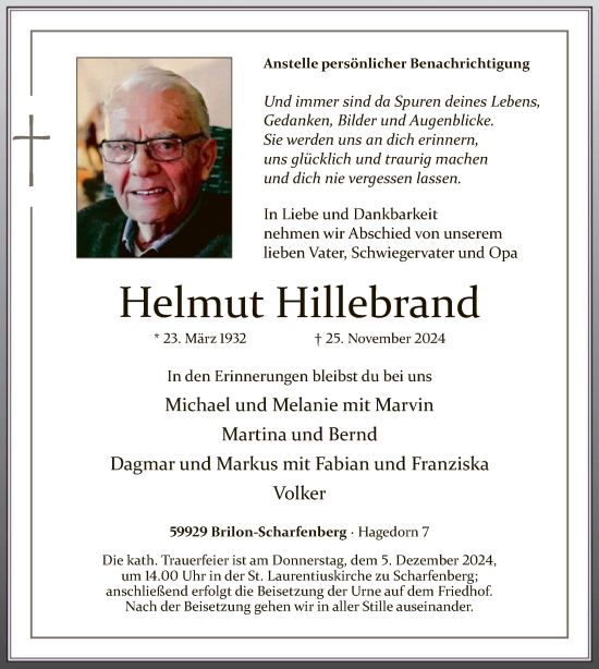 Todesanzeige von Helmut Hillebrand von WA