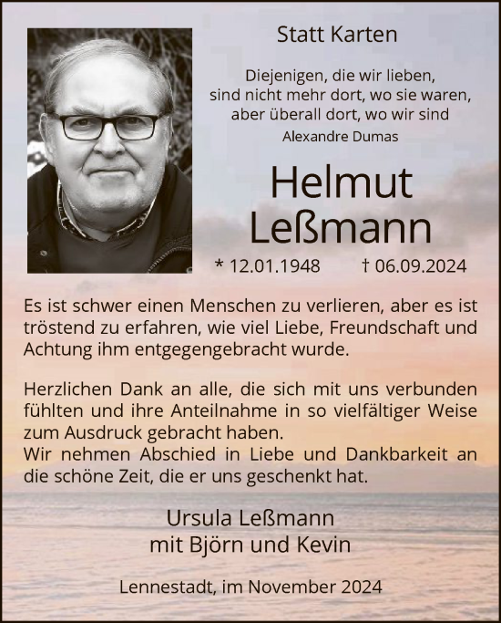 Todesanzeige von Helmut Leßmann von WA