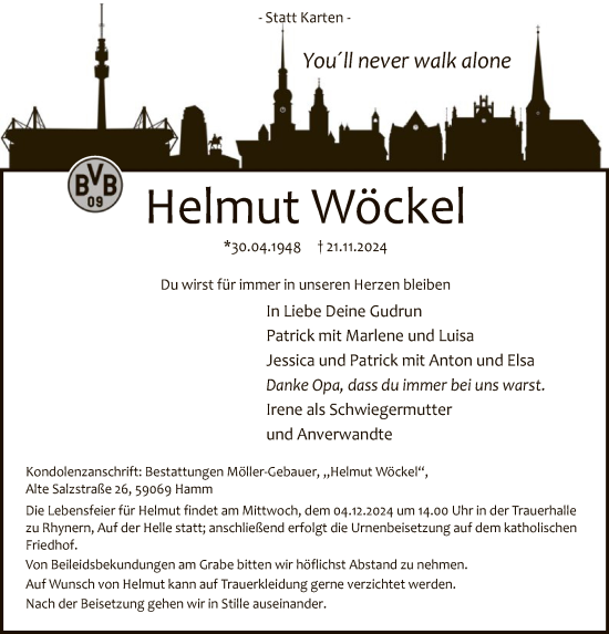 Todesanzeige von Helmut Wöckel von WA