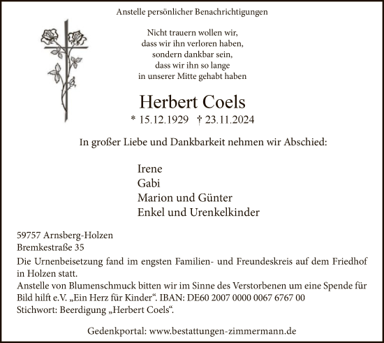 Todesanzeige von Herbert Coels von WA