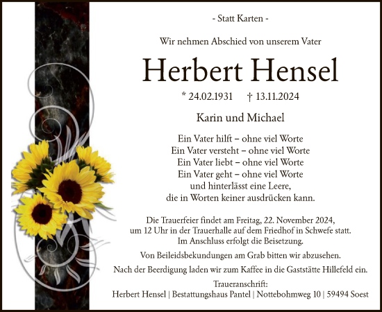 Todesanzeige von Herbert Hensel von WA