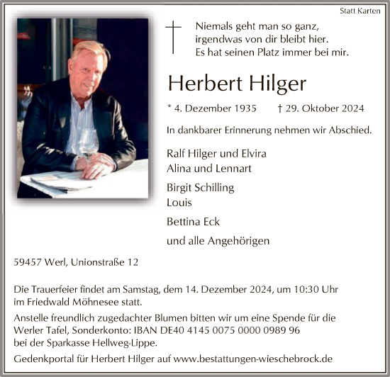 Todesanzeige von Herbert Hilger von WA