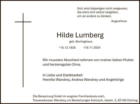 Todesanzeige von Hilde Lumberg von WA