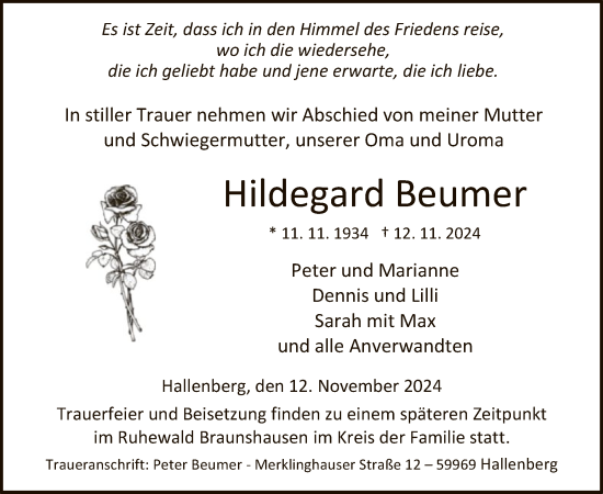 Todesanzeige von Hildegard Beumer von WA