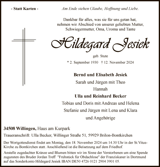 Todesanzeige von Hildegard Jesiek von WA